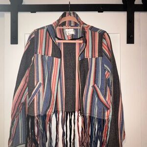 GUESS Multicolor Striped Fringe Open Cardigan in Blue, Pink, Red and Gray